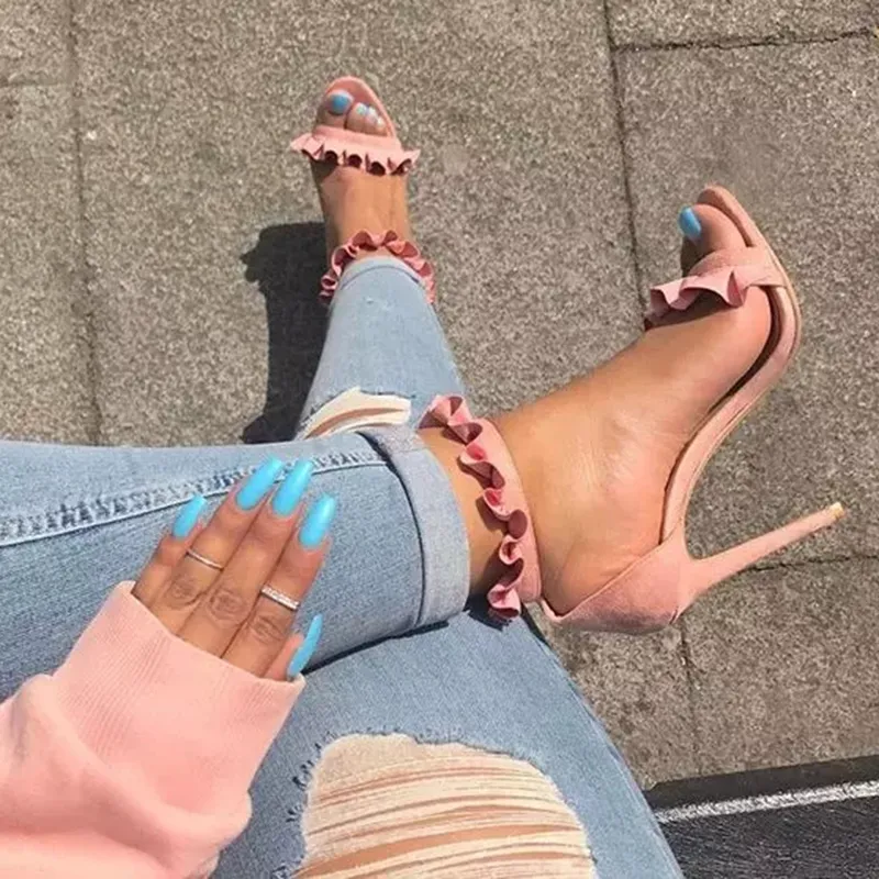 Rontik Kadın Gladyatör Ruffles Sandalet Stiletto Topuklu Sandalet Toe Açık Pembe Sarı Siyah Şarap Kırmızı Ayakkabı Kadınlar ABD Artı Boyutu 5-15