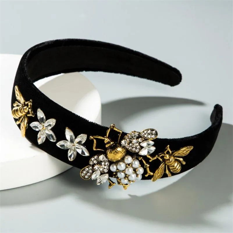 Baroque Rhinestone Bee Model Women Headband Pearl Flower Luxurious Black Bezel Hairband Halloween Hair Accessories307q