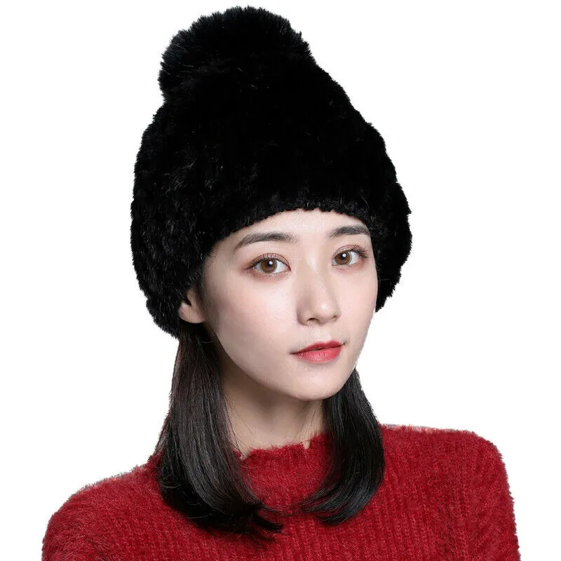 Real Mink Fur Hats Women Winter Warme Beanie Cap Fox Pom Pom Black Brown Wine Red280K