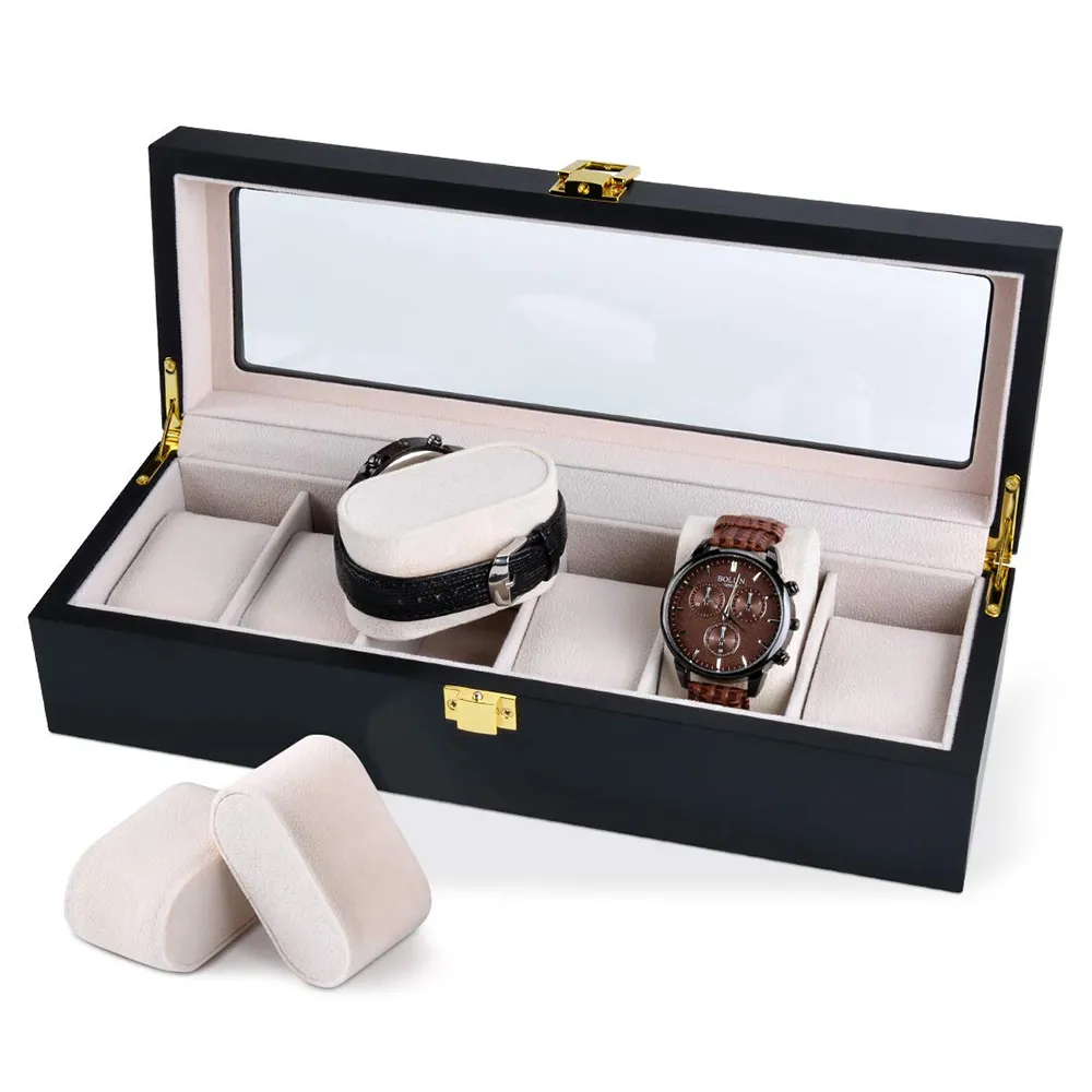 Caja de reloj con 6, 10 y 12 ranuras, organizador de joyería de madera negra, estuche de exposición para reloj, caja de relojes de pulsera con tapa de cristal, soporte de lujo D40195E