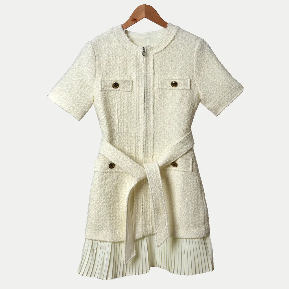 2020 Spring Short Sleeve Round Neck White Pure Color Tweed Panelled Belted Pleated Knee-Length Dress Women Fashion Dresses W1815218