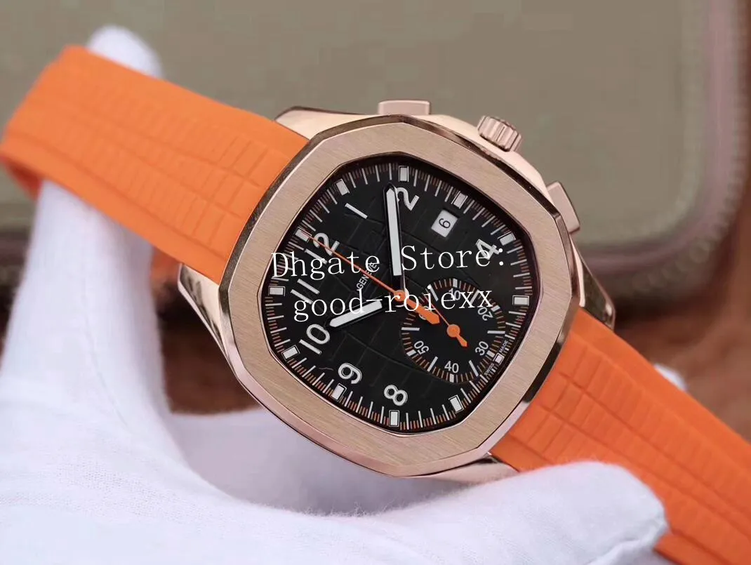 Chronographe en or rose masculin montre des hommes de mouvement chrono automatique montre Valjoux 7750 ETA Black Orange Rubber 5968 Sport Wrist 241C