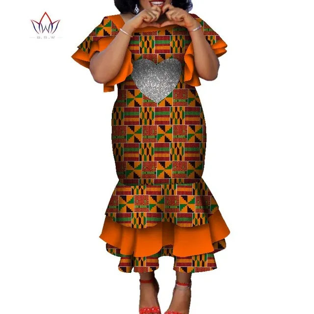 Abiti tradizionali africani le donne Ankara Kanga Dress Batik Wax Print Shuffle Sleeves Multi Layer Africa Woman Dress WY7735