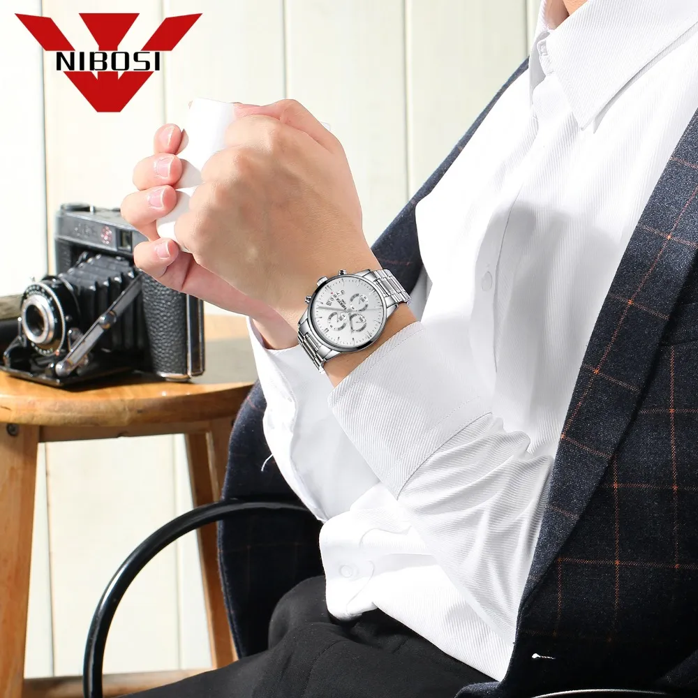 Relogio NIBOSI Luxury Famous Top Brand Men Sliver White Wristwatch Waterproof Clock Quartz Watch for Men Relogio Masculino325P