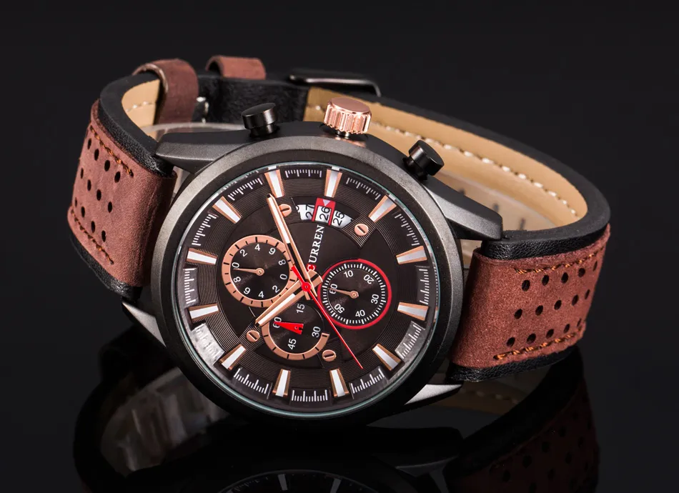 cwp CURREN Brand Luxury Casual Military Quartz Sports Wristwatch Genuine Leather Strap Male Clock Chronograph Date Men Watches294G