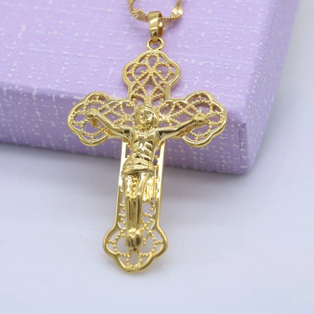 Chaîne avec pendentif jésus en filigrane de Style classique, or jaune 18 carats rempli de croix pour femmes et hommes, collier Crucifix ras du cou 182d