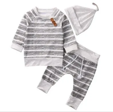 Neonati maschi a righe grigio top pantaloni cappello 3 pezzi set abiti manica lunga brevi stili bambini vestiti ragazzo 0-18 m WL1158