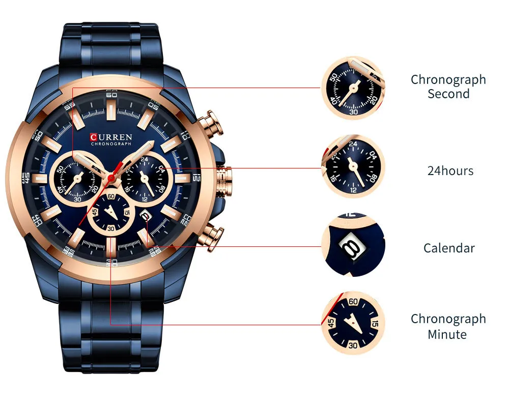 Curren Top Brand Luxury Men tittar på modeklocka Casual Quartz armbandsur med rostfritt stål Kronografklocka Reloj Hombres ly254U