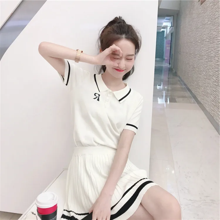 Fashion Women Summer Sports Thin Knitted Pleated Colorblock Mini Skirt Polo Collar Short Sleeve Stripes T-Shirt T200616