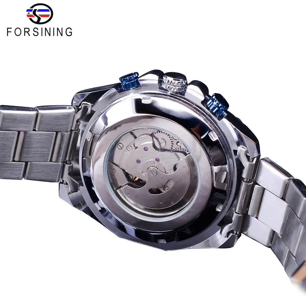 Oprzedzenie Nowy niebieski design Kompletny kalendarz 3 Mała srebrna stal ze stali nierdzewnej automatyczne zegarki mechaniczne dla mężczyzn Clock237U