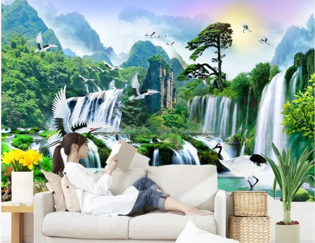 Пользовательские обои зеленые пейзажи природы водопад обои 3d фрески обои для гостиной253c