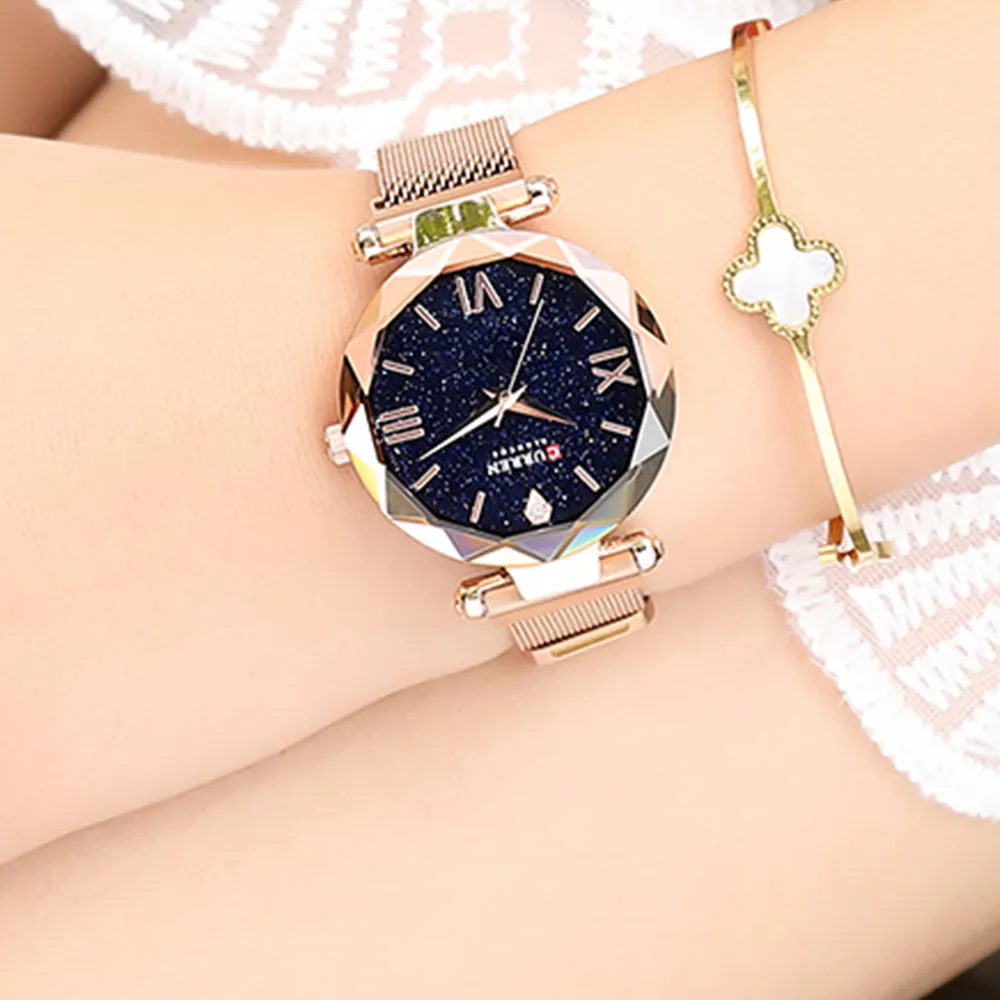 NEW CURREN Luxury Women Watches Mesh Ladies Clock Magnet Buckle Starry Diamond Geometric Surface Casual Dress Quartz Wristwatch304c