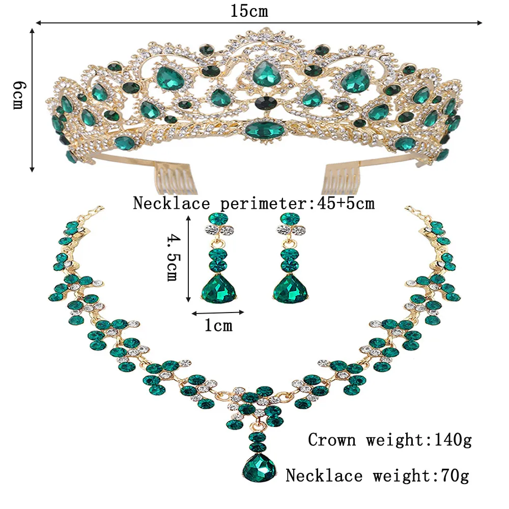 Diezi New Red Green Blue Crown and Necklace Congring Jewelry Set Tiara Rhinestone Wedding Jewelry Sets Association 233p