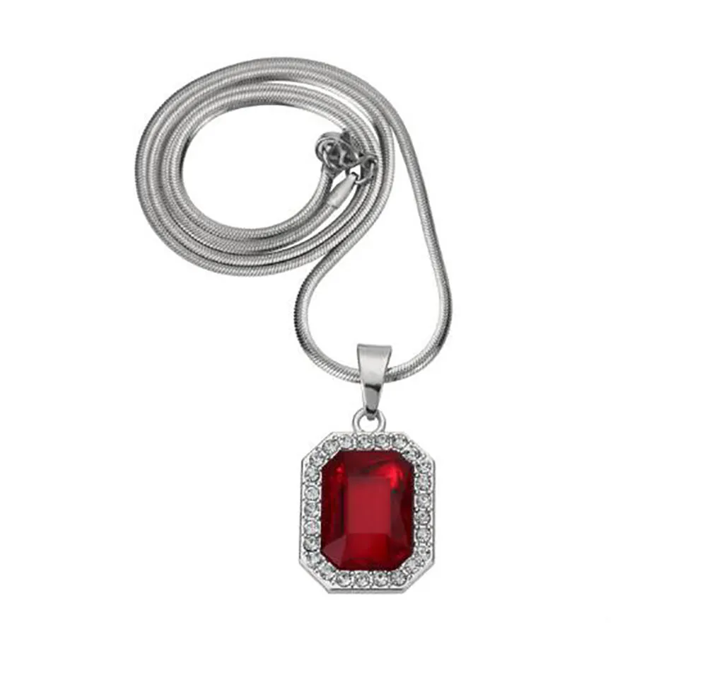 Red Lab Ruby Rectangle GEM Pendant Bling Simulated Diamonds Ruby Jewelry 18K Yellow Gold Plated Necklace Snake Bone chain275d
