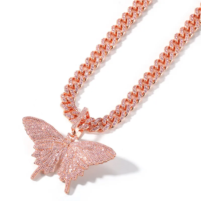 Hip Hop Rose Gold Butterfly Pendant Necklaces Pink Cuban Link Chain Tennis Chain For Men Women Iced Out Cubic Zircon Fashion Jewel328o