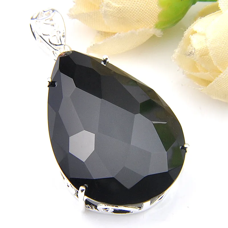 Luckyshine Halloween Jewelry 925 Sterling Silver Plated Super Huge Natural Water Drop Black Onyx Pendant Necklaces328t