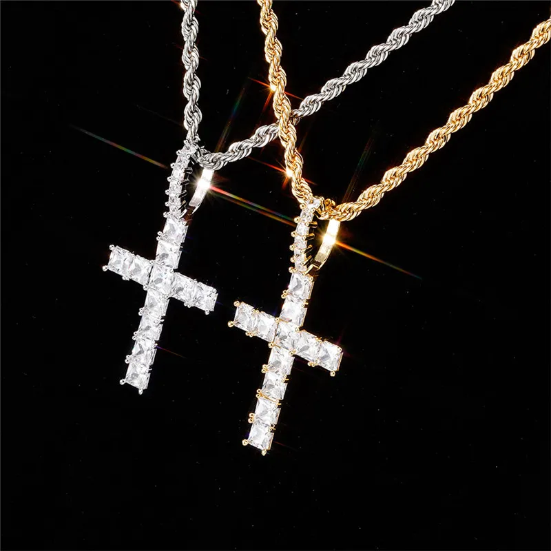 Hiphop Iced Zirkoon Baguette Cross Hanger Met 4mm Tennisketting heren Sieraden Goud Zilver Vierkant CZ Diamond Necklace310n