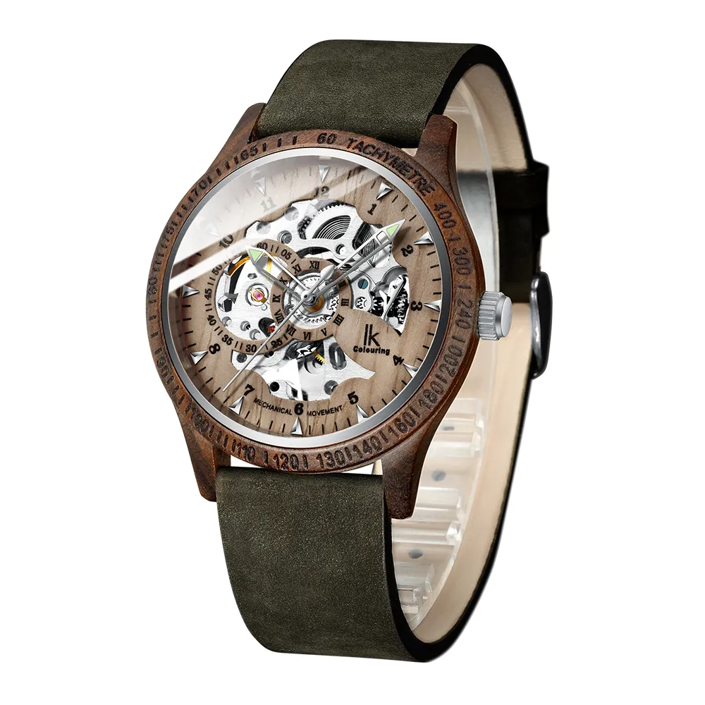 Ik coloração relógio masculino moda casual caso de madeira cavalo louco pulseira de couro relógio esqueleto automático mecânico masculino relogio y20042376