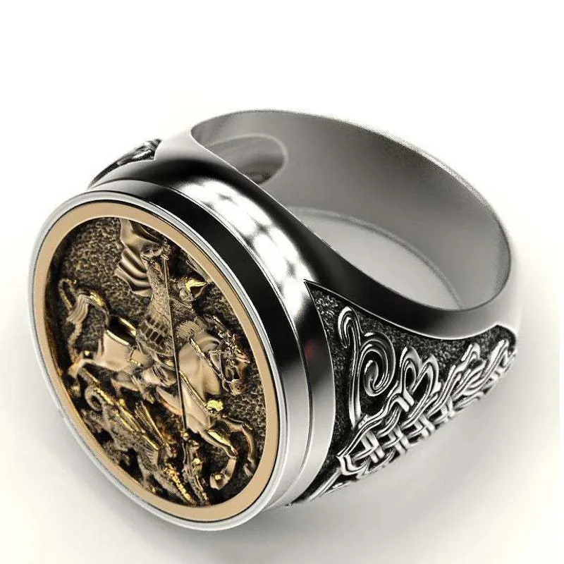 Vintage Soevereine Ring Mannen St George Portret Gouden Romeinse Cavalerie Draak Ringen voor Vrouwen Boho Nordic Mythologie Viking Jewelry252n
