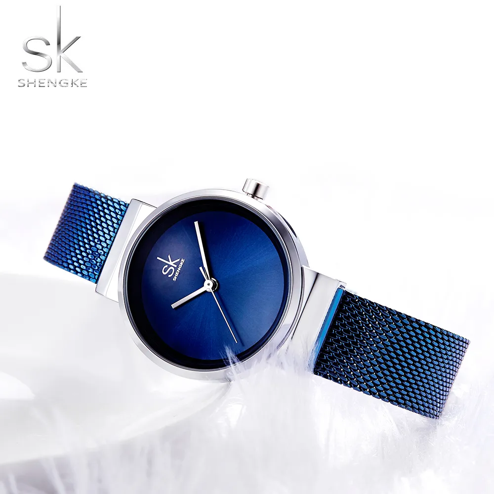 Shengke bleu Montre-bracelet femmes montres de luxe marque en acier dames Quartz femmes montres Relogio Feminino Montre Femme2482