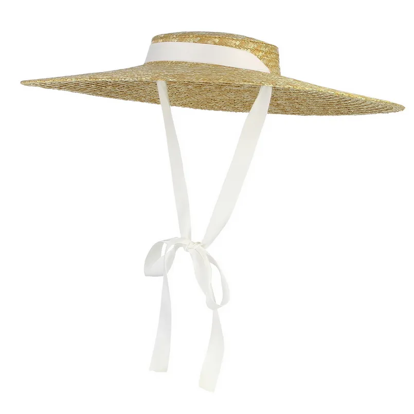 Nouveau chapeau de paille à grand bord chapeaux d'été pour femmes ruban casquette de plage plaisancier haut plat soleil Hat253f