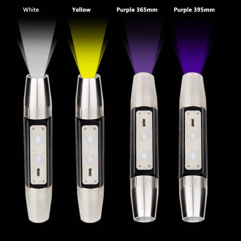 Portable LED Multifunction Flashlight UV Light Four Light Source White Yellow Product Logo Work with Silver Rechargeable4011190