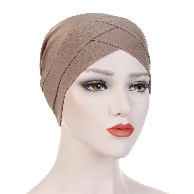 Feminino elegante chapéu elástico turbante testa cruz índia chapéu cabeça envoltório quimio cor sólida bandana lenço muçulmano menina boné da393