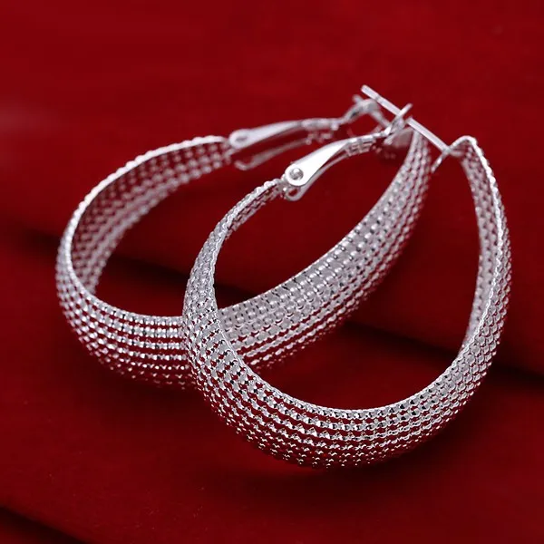 925 Sterling Silver Hoop örhängen Eleganta kvinnor Oval Fashion Costume Jewelry Big Trendy Net Earring318C