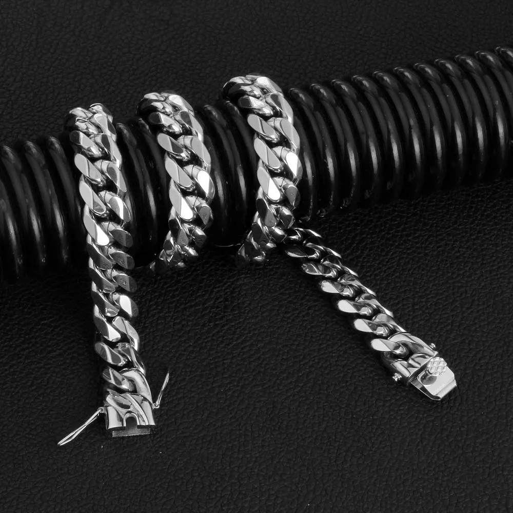 Neue 15mm Männer Hip Hop Schmuck Sets 316L Edelstahl Miami Cuban Link Ketten Doppelte Sicherheits Verschluss Halsketten Armbänder 18i228q