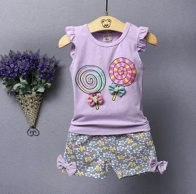 2019 Nieuwe Zomer Stijl Kinderen Lollipop Patroon Vest Shorts Tweedelig Pak Mode Meisje Dunne Gedeelte Katoen Dragen