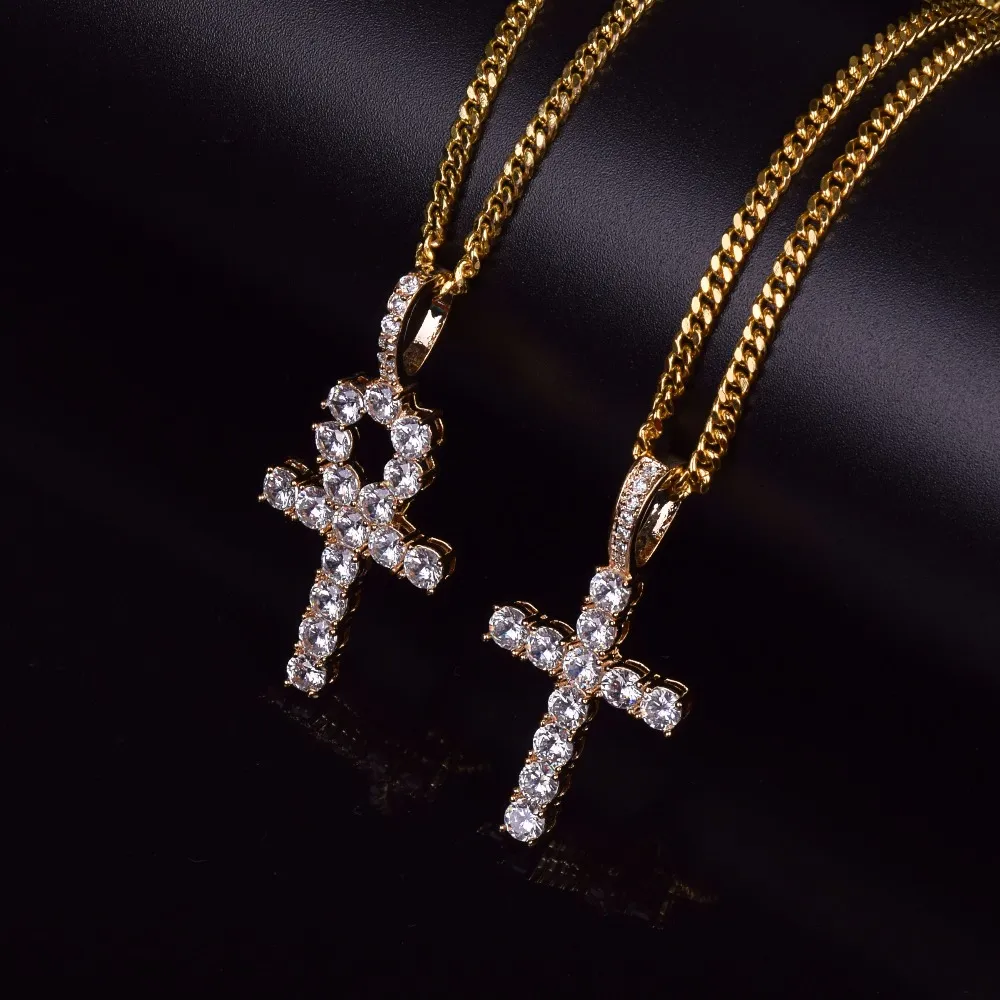 Iced Zircon Ankh Cross Necklace Jewelry Set Gold Silver Copper Material Bling CZ Key To Life Egypt Pendants Necklaces252c