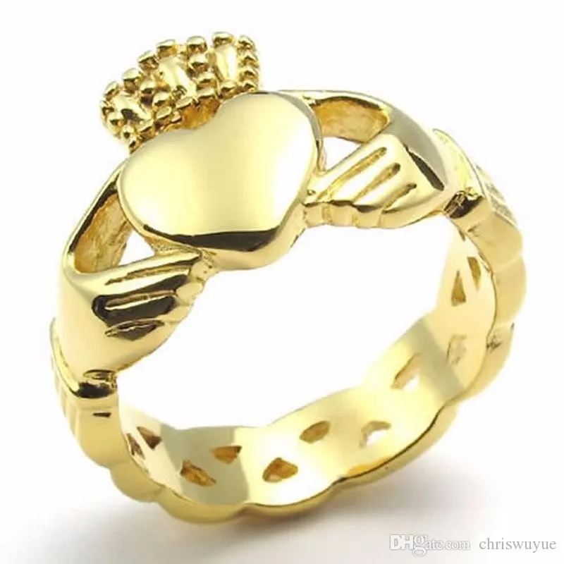 Moda acciaio inossidabile fascia Claddagh cuore corona amore uomo donna anello oro misura 6 7 8 9 10 11 12 13286f