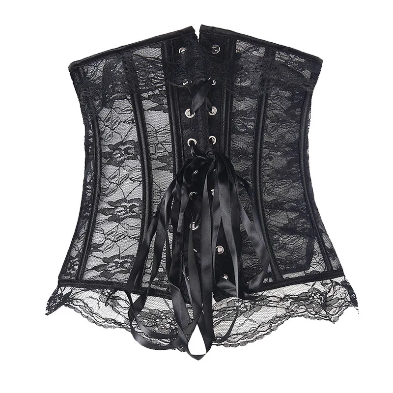 Сексуальный кружевной корсет под грудью, стальной буск спереди, на шнуровке, баскский корсет большого размера, сексуальное эротическое черное белье, утягивающее наряды для вечеринок3578363