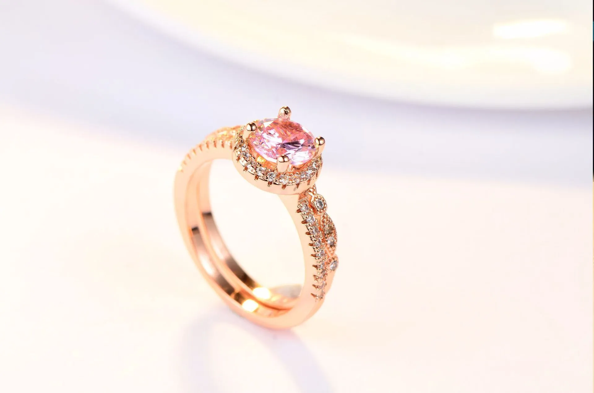 Omhxzj cała osobowość moda ol woman girl impreza ślubna Pink różowy szczupły cyrkon 18KT Rose Gold Ring Zestaw RN1019364962