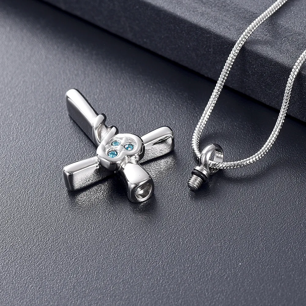 IJD12237 Blue Crystals Inlay Memory Love Cross Cremation Necklace Hold Loved Ones Ashes Keepsake Jewelry Stainless Steel332G