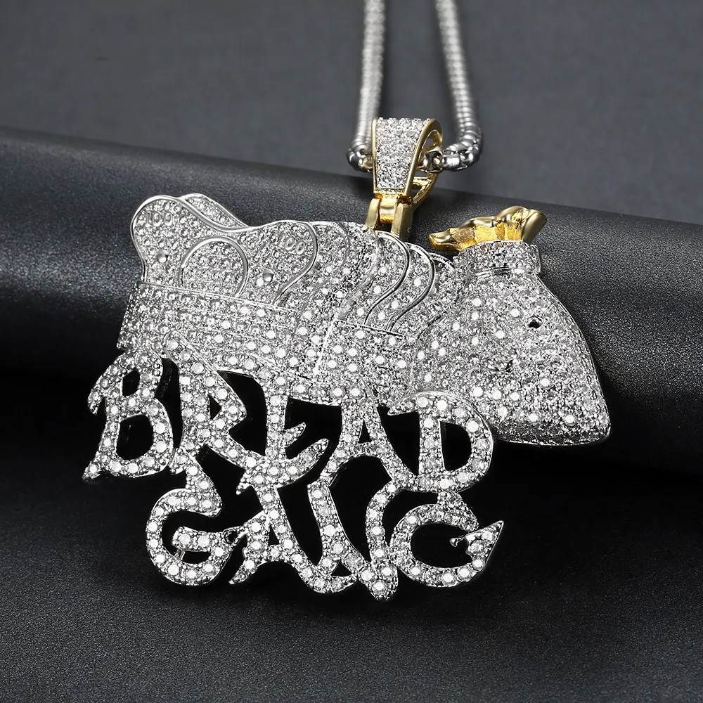 Iced Out Gold Silver Plated BREAD GANG Pendant Necklace Micro Zircon Charm Men Bling Hip Hop Jewelry Gift285t