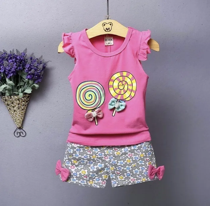 2019 New Summer Style Children Lollipop Pattern Vest Shorts Two-piece Suit Fashion Girl Thin Section Cotton Wear