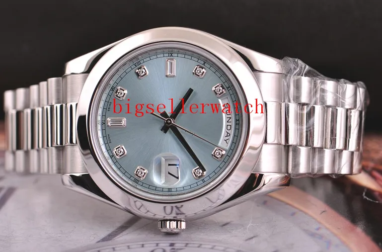 Luxo de alta qualidade relógio topo automático masculino relógio 41mm platina ii presidente glaciar diamante azul 218206 aço inoxidável 240d