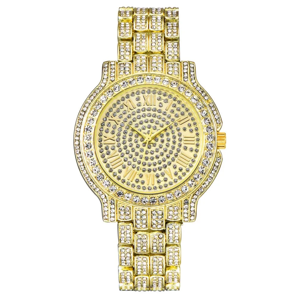 Roestvrij Staal Mannen Vrouwen Horloges Mode Glanzende Volledige Diamant Datum Quartz Horloge Unisex Horloges Bing Bling Hip Hip Horloge G245n