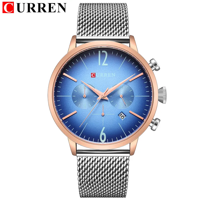 CURREN Fashion&Casual Chronograph Sport Mens Quartz Watches Mesh Steel Band Wrist Watch Display Date Clock Relogio Masculino293H