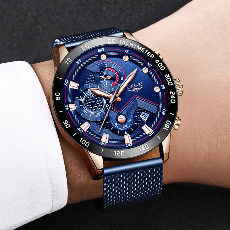 LIGE Moda Mens Relógios Top Marca de Luxo Relógio de Pulso Relógio de Quartzo Azul Homens À Prova D 'Água Esporte Cronógrafo Relogio masculino C295n