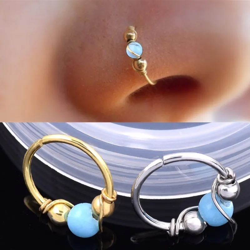 Fashion Turquoises Stainless Steel Nose Ring Nostril Hoop Stud Body Piercing Jewelry for Women348O