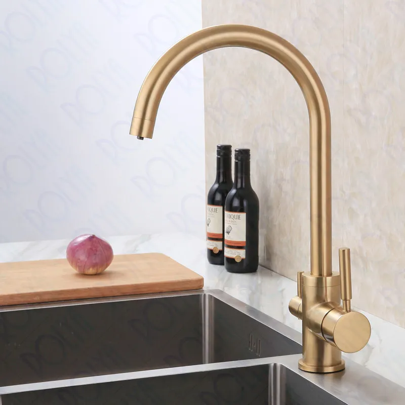 Rolya borstade Golden 3 Way Water Filter Tap Burned Gold Ro Water Kitchen Kaucet Tri Flow Kitchen Sink Mixer305G