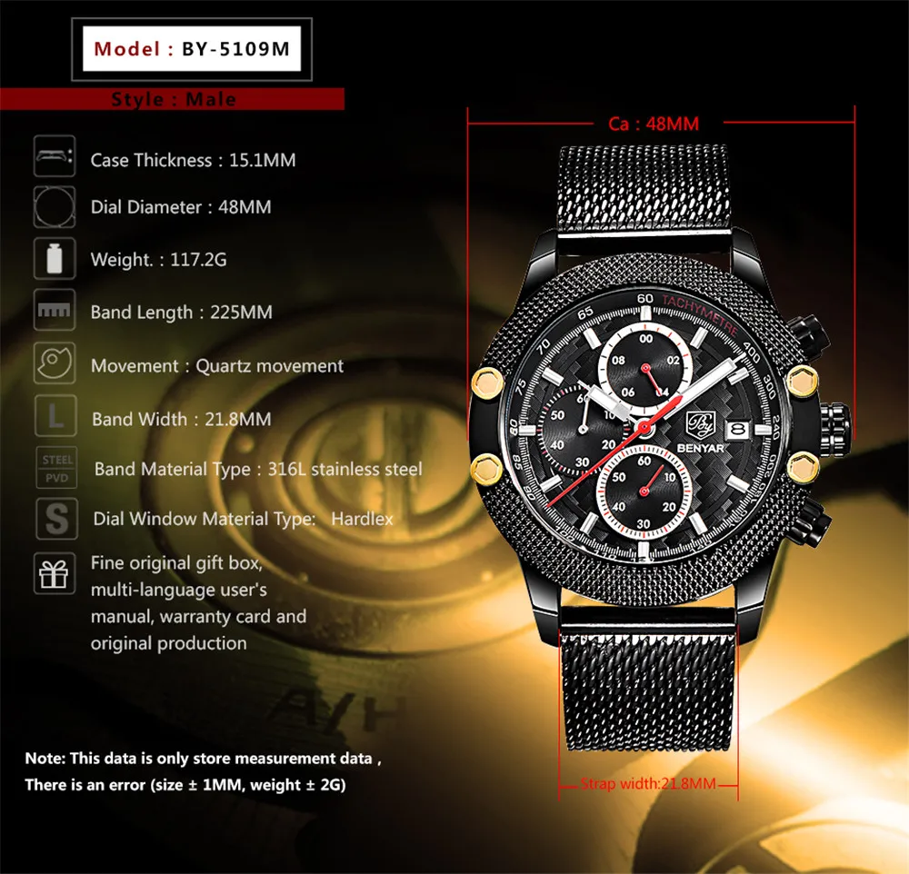 BENYAR Montre Homme Set Orologi di marca Reloj Hombre Uomo Sport Cronografo Moda Orologio al quarzo impermeabile Uomo Relogio Masculino2096