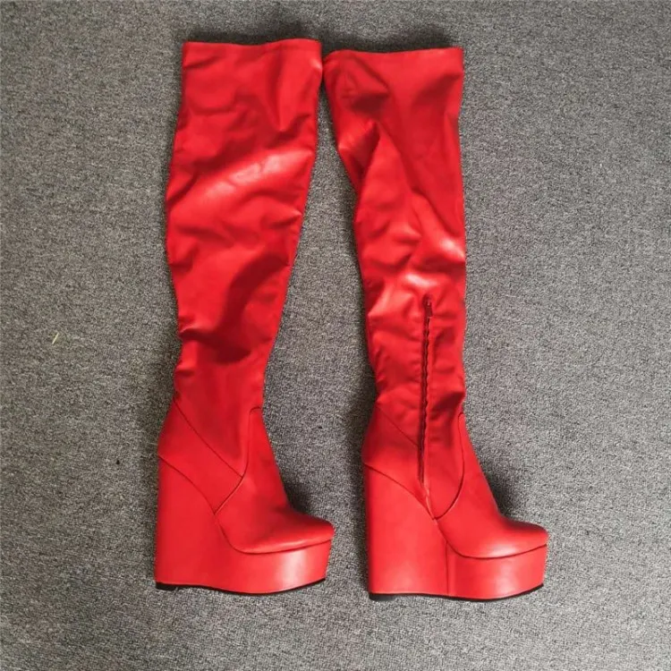 rontic 새로운 여성 플랫폼 무릎 부츠 위에 웨지 하이힐 부츠 라운드 발가락 화려한 빨간 드레스 신발 여성 플러스 미국 크기 5-15