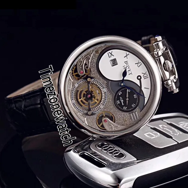 Bovet 1822 Tourbillon Amadeo Fleurie 자동 골격 남성 감시 강철 케이스 흰색 다이얼 로마 마커 블랙 가죽 타임 존 워치 221o