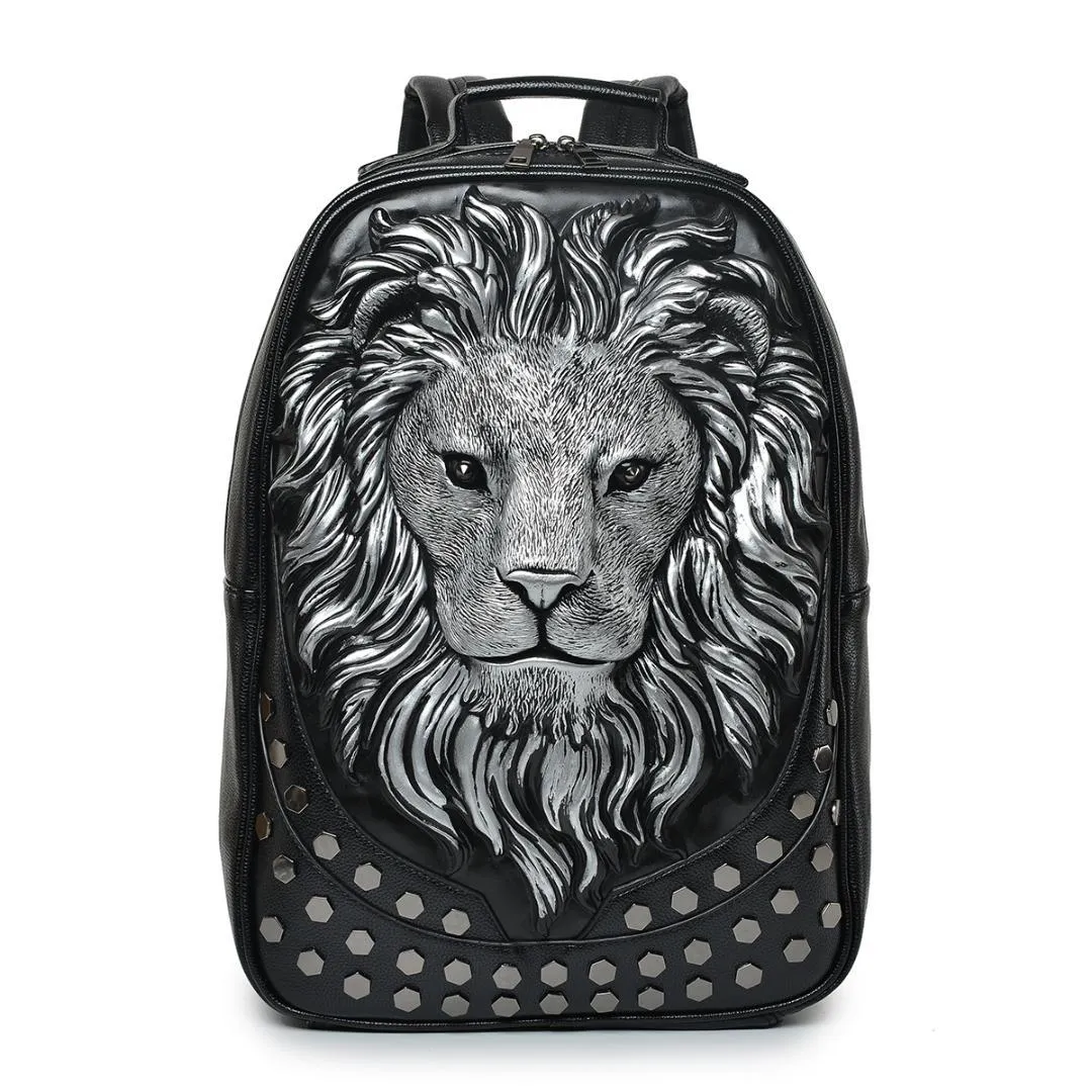 Män ryggsäck läder mjukt 3D präglad lejonhuvud med plundrad rivet gother rese punk rock ryggsäck bärbar skola halloween bag295y