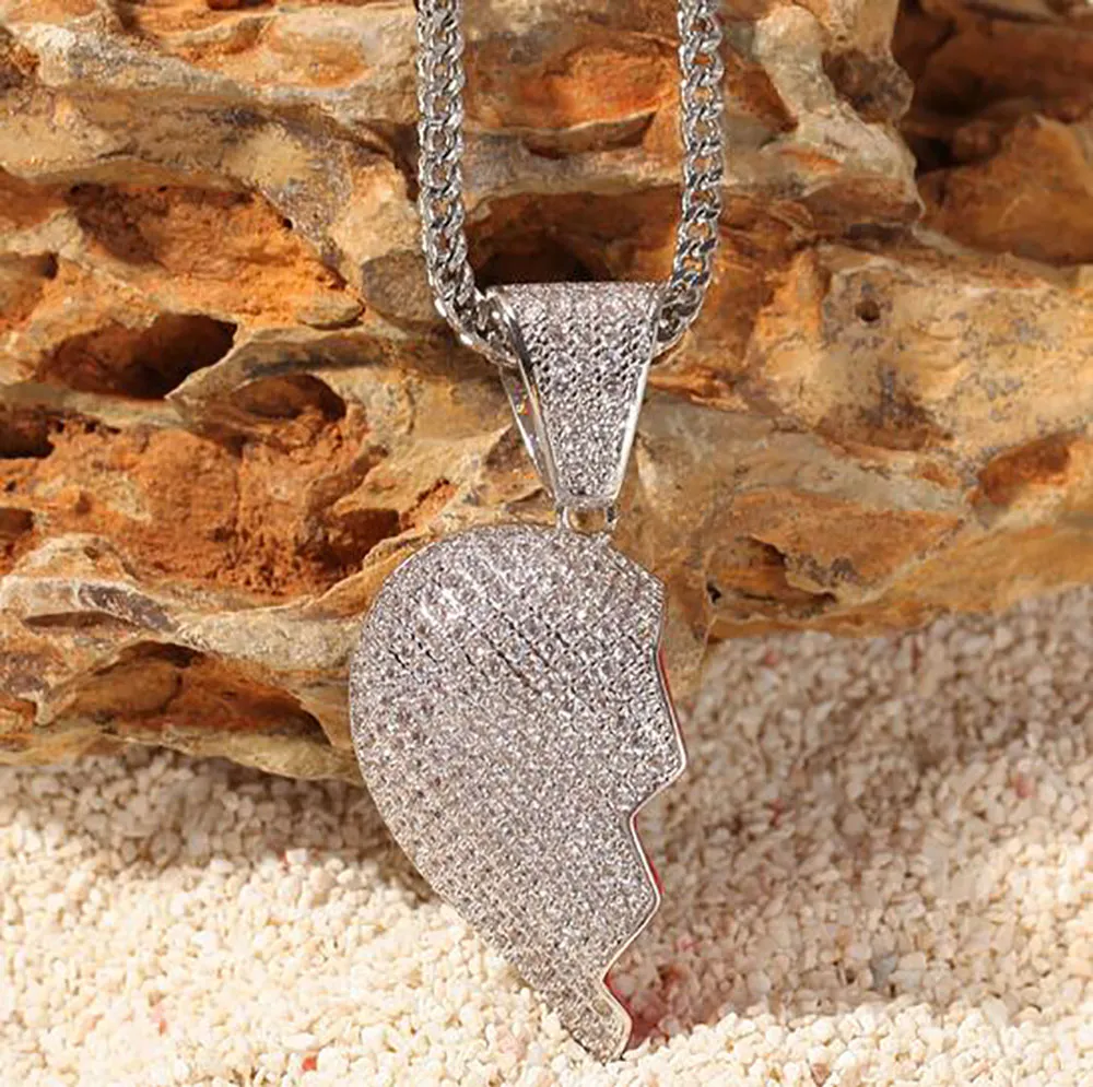 1 paar Half-hart Hanger Ketting CZ Bling Hanger Micro Pave Zirconia Gesimuleerde Diamanten Paar Valentijn gift306E