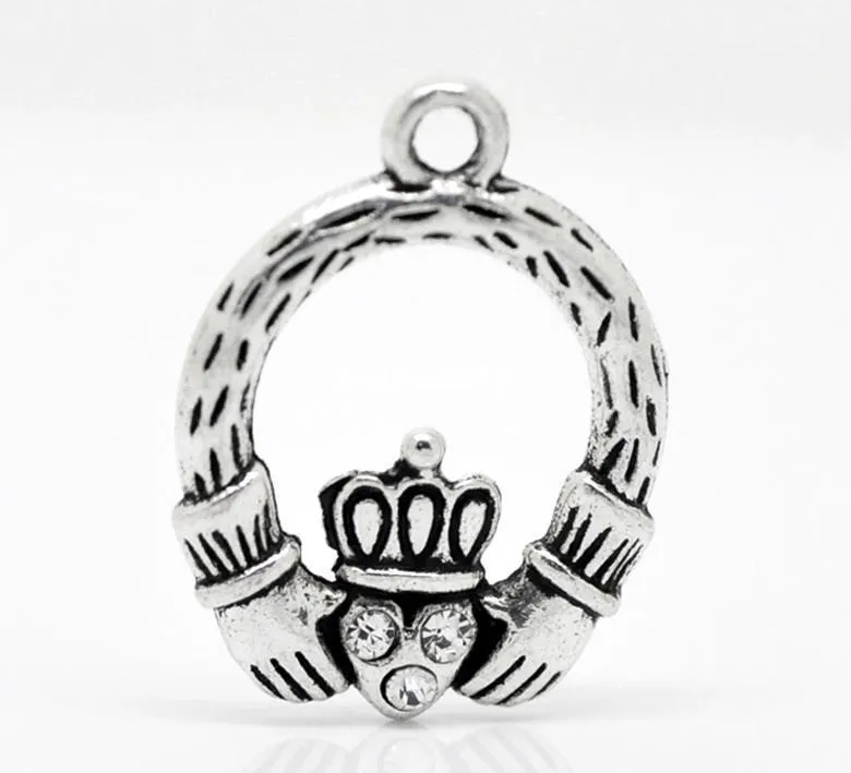 Цельное кольцо-100 шт., античное серебро со стразами, кольцо Claddagh, подвески-подвески 25x18 мм, изготовление ювелирных изделий своими руками, целое J0506255S