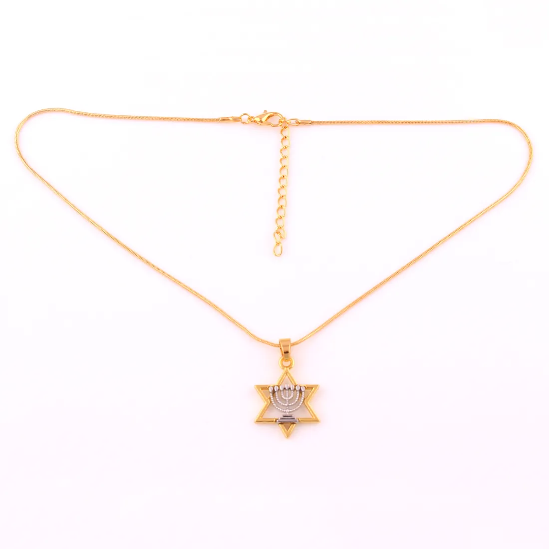Star of David och Menorah Hexagon Charm Pendant religiös judisk halsband248m